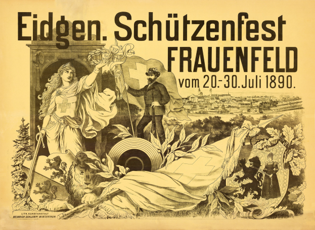 Plakat zum Eidgen Schützenfest in Frauenfeld, Deutschland, das einen Mann in einem Anzug und eine Frau in einem Kleid zeigt, die nebeneinander stehen, sowie Text mit Veranstaltungseinzelheiten.