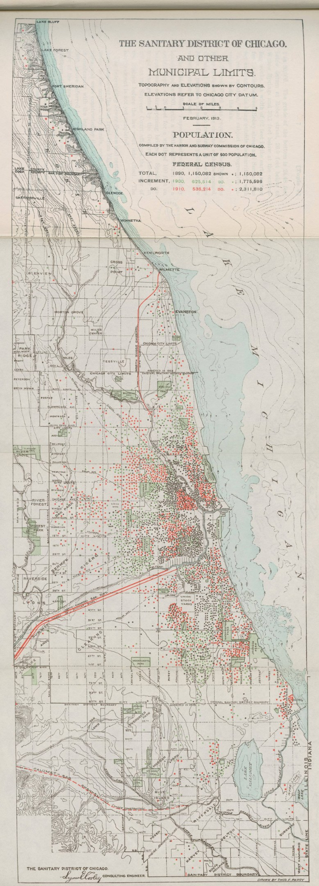 Schwarz-weiß-Karte des Sanitären Bezirks von Chicago, die die städtischen Grenzen und Textbeschriftungen zeigt.