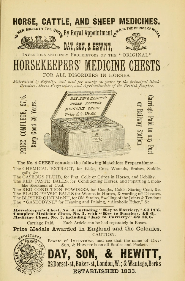 Ein altes Buchcover mit einem Pferd, einem Rinder- und einem Schafmedizinschrank und der Aufschrift "Pferd-, Rinder- und Schafmedizin".