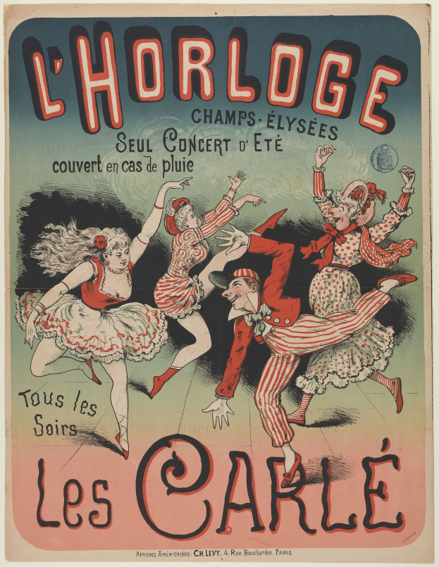 Ein farbenfrohes Konzertplakat für ein Event in der Chorlage in Paris, das eine Gruppe von Menschen in bunten Kostümen zeigt, die fröhlich tanzen, vor einem hellgelben Hintergrund mit auffälliger Schrift drumherum.