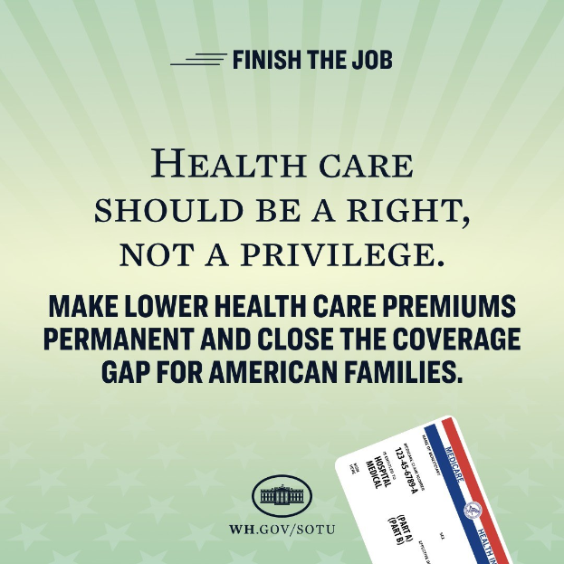 Plakat mit dem Text "Beende den Job: Gesundheit sollte ein Recht sein, nicht ein Privileg" und einer Karte mit der Aufschrift "Mache niedrigere Gesundheitskosten permanent und schlie├če die Lücke in der Deckung für amerikanische Familien."