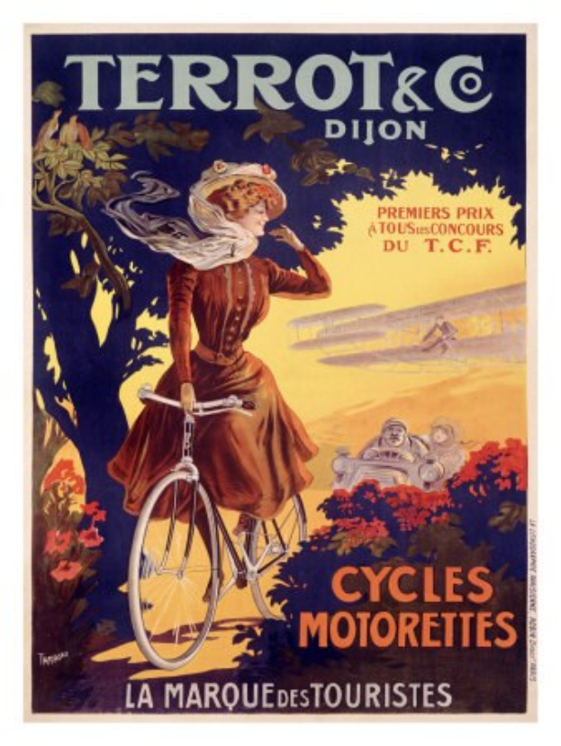 Frau auf einem Fahrrad in einer malerischen Outdoor-Landschaft, umgeben von Bäumen und Blumen, mit anderen Radfahrern und Text auf einem Plakat, das eine Fahrradtour in Frankreich bewirbt.