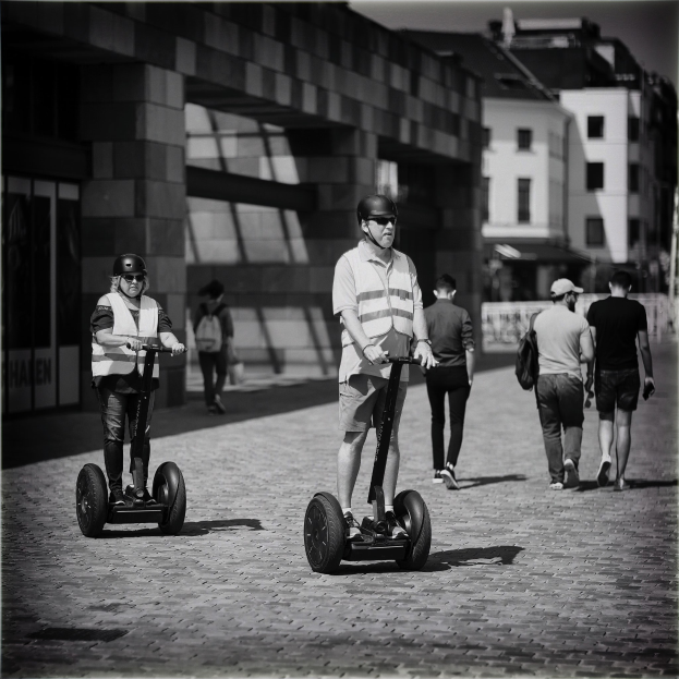 Zwei Menschen in Helmen und Schutzbrillen fahren mit Segways eine von Gebäuden gesäumte Straße entlang in einem Schwarz-Weiß-Bild.