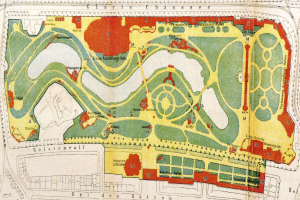 Eine detaillierte Karte von Köln, Deutschland, die einen Park mit Straßen, Sehenswürdigkeiten und begleitendem Text zeigt, der das Layout des Parks beschreibt.